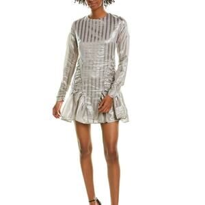 Atoir Revolve Walk Me Home Metallic Silver Ruched Ruffle Mini Dress US 6 AU 10